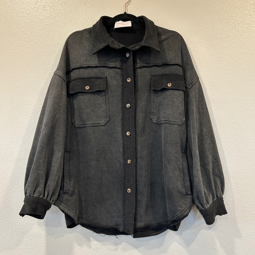 Holiday Mineral Wash Black‎ French Terry Button Down Shacket BWT424 Women's S